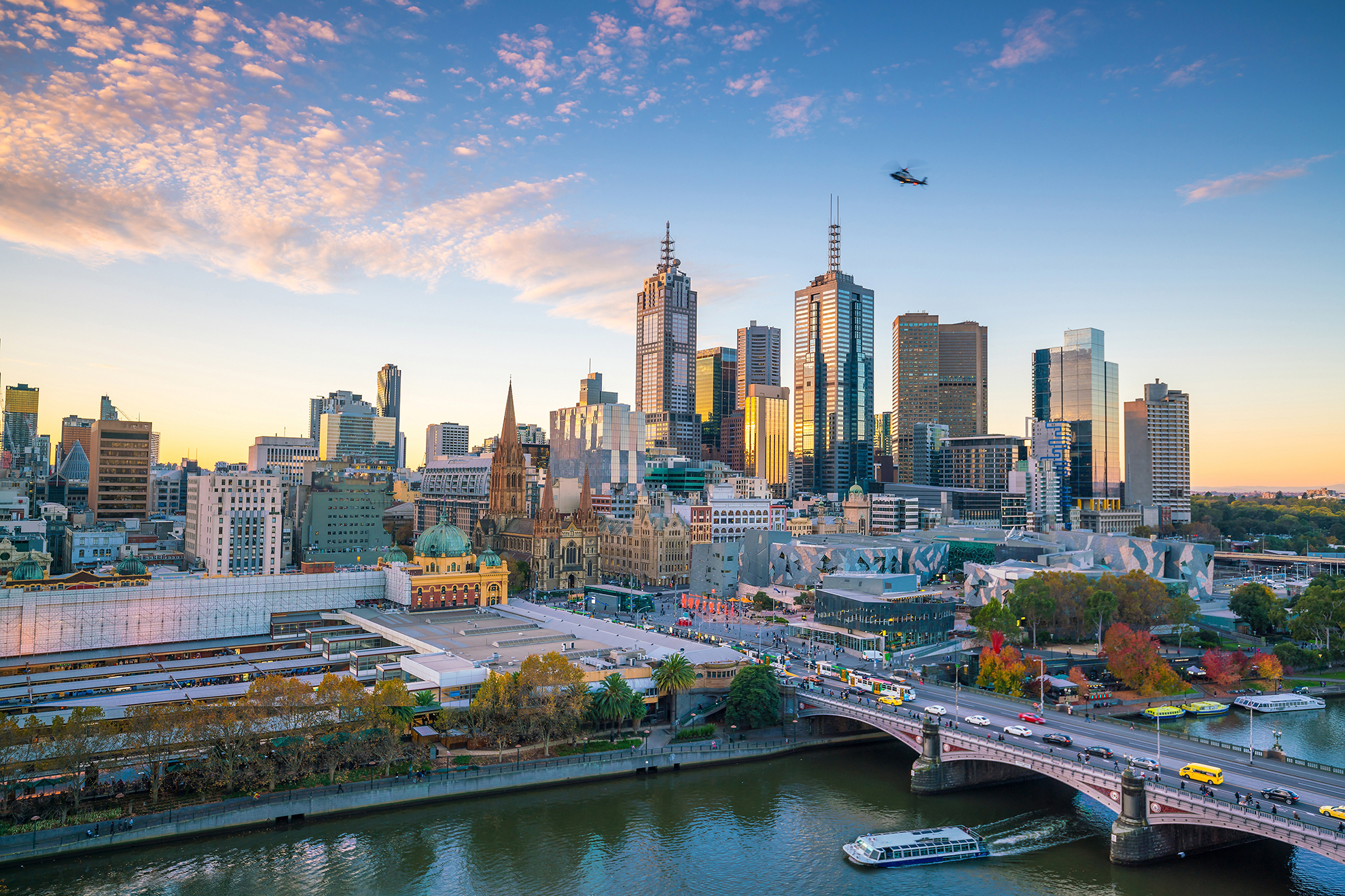 Melbourne City Skyline at Dusk with major commercial and Residential Buildings and Property