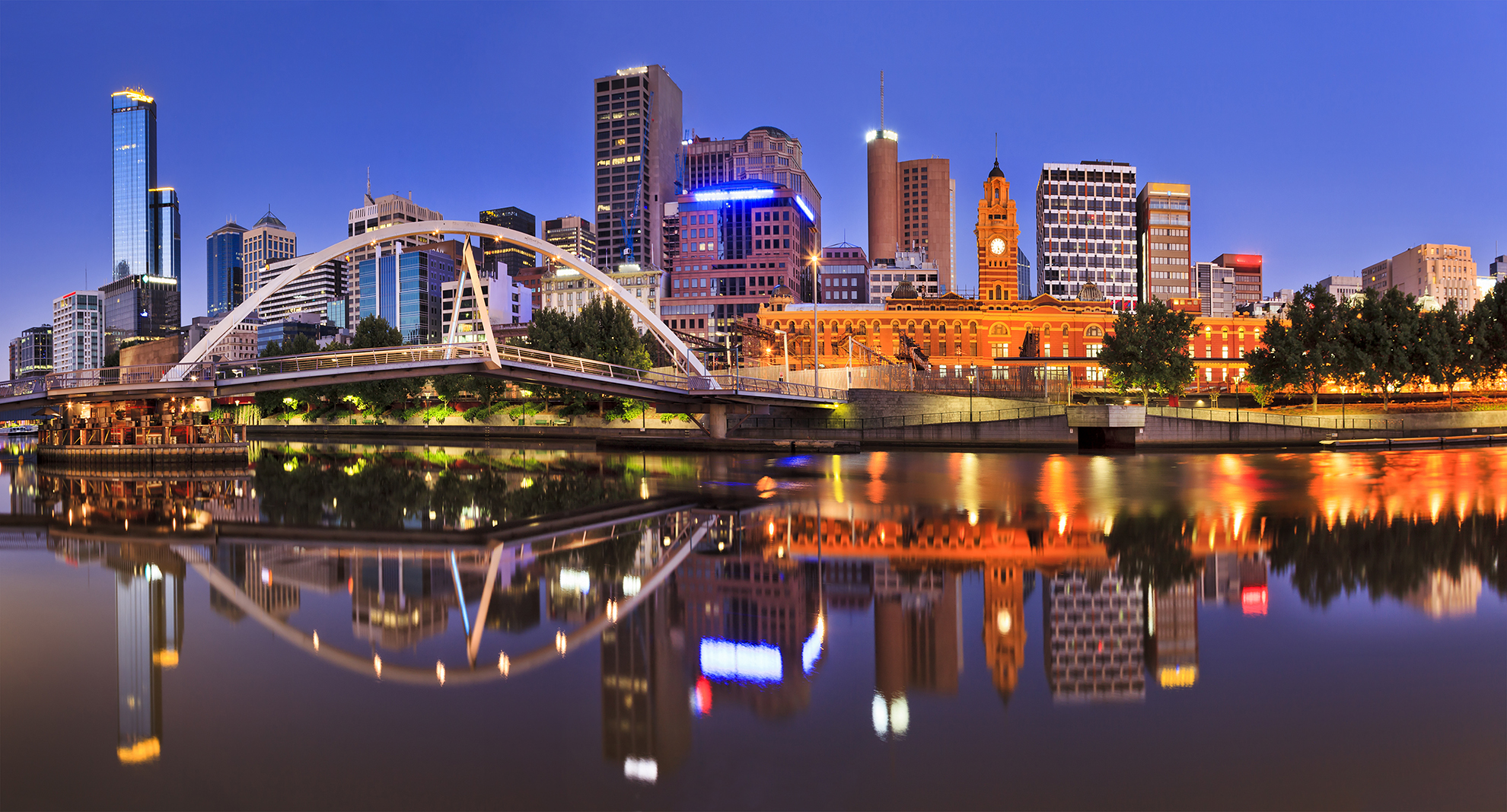 Melbourne Skyline across the Yarra River at Dusk showing the commercial and residential Buildings and property for Building Management Victoria