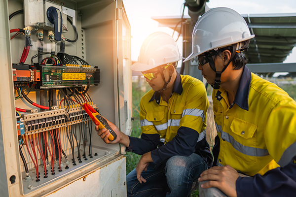 two trades people working on performing maintenance on the electrcial systems of a major commercial building iin Sydney