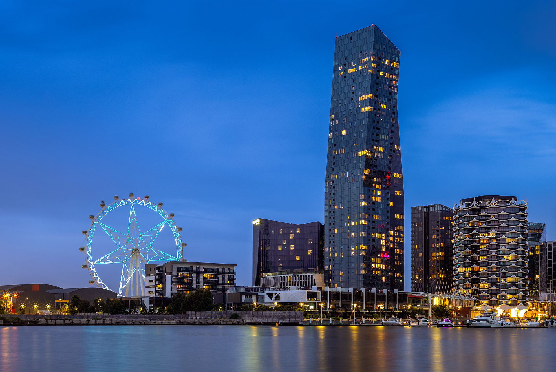 Melbourne CBD from Docklands with the big Ferris Wheel in view, taken from West Melbourne from the Harold Holt Bridge