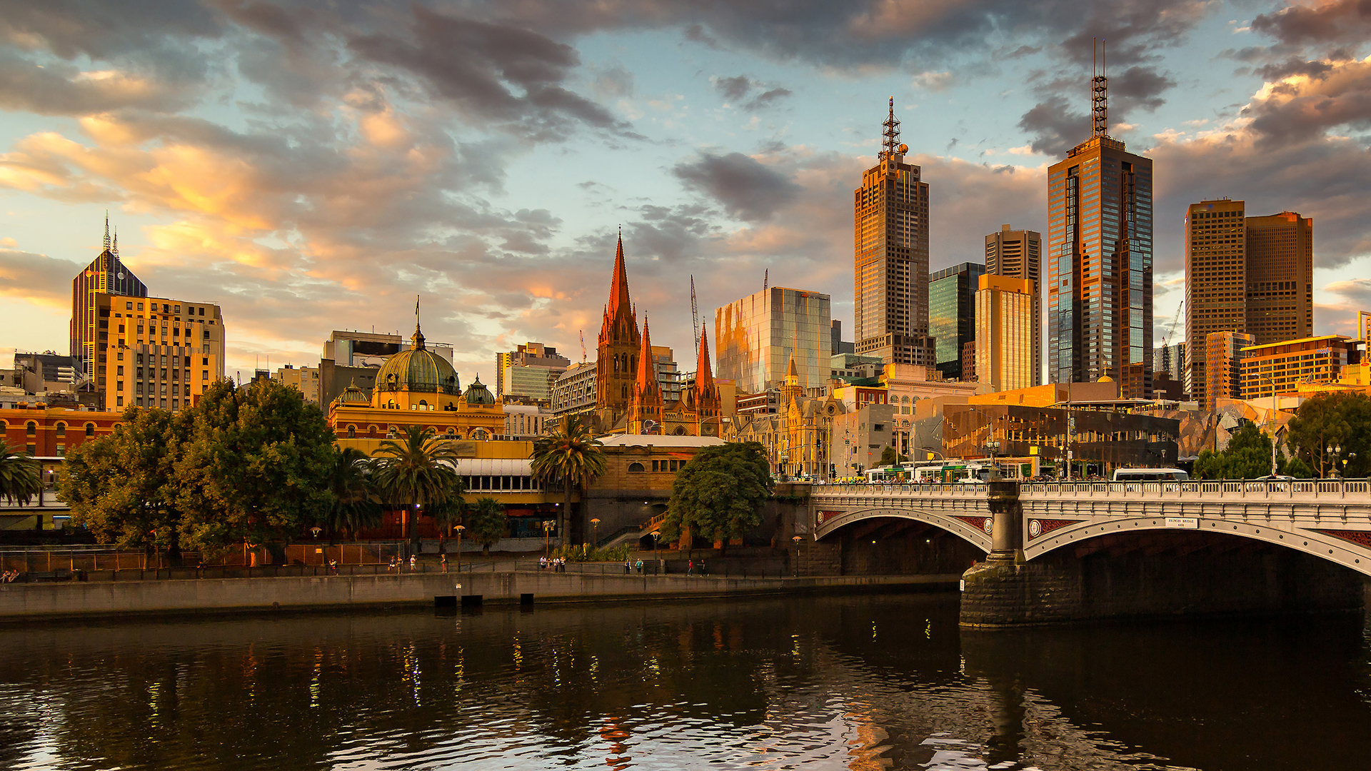 Melbourne CBD from SouthGate, with the Yarra River in view and BATMAN Bridge, Flinders Street Station also in view