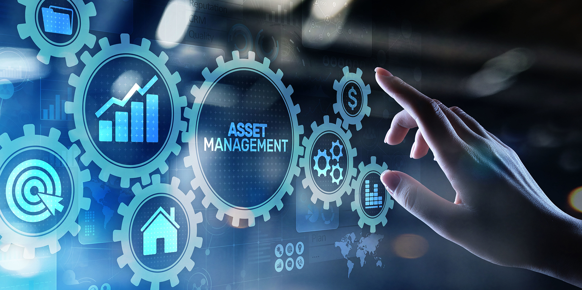 Asset registers - a fundamental part of any facility management regime, including maintenance management and budgeting. The abstract image showing gears and harmony with the words asset management