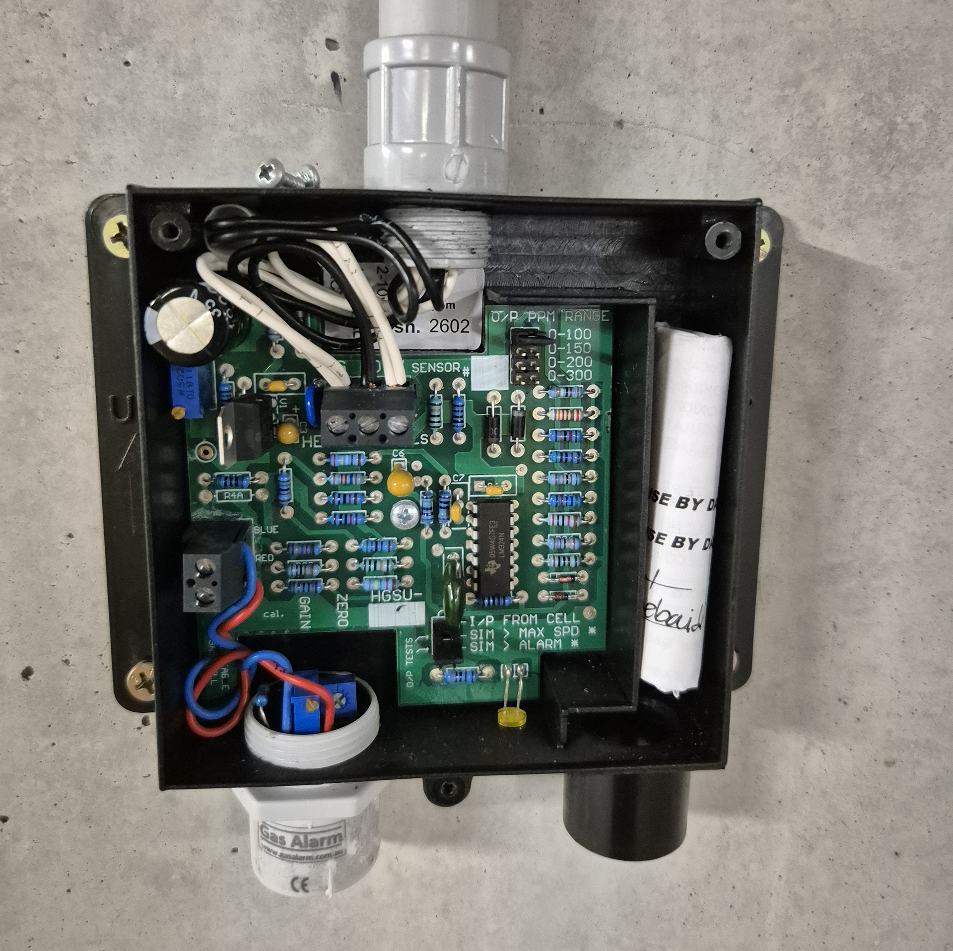 Co Sensotr and controllers in Commercial and retail property.  Carbon Monoxide Sensor open so we can see the interior in Melbourne Suburb Basement Car Park