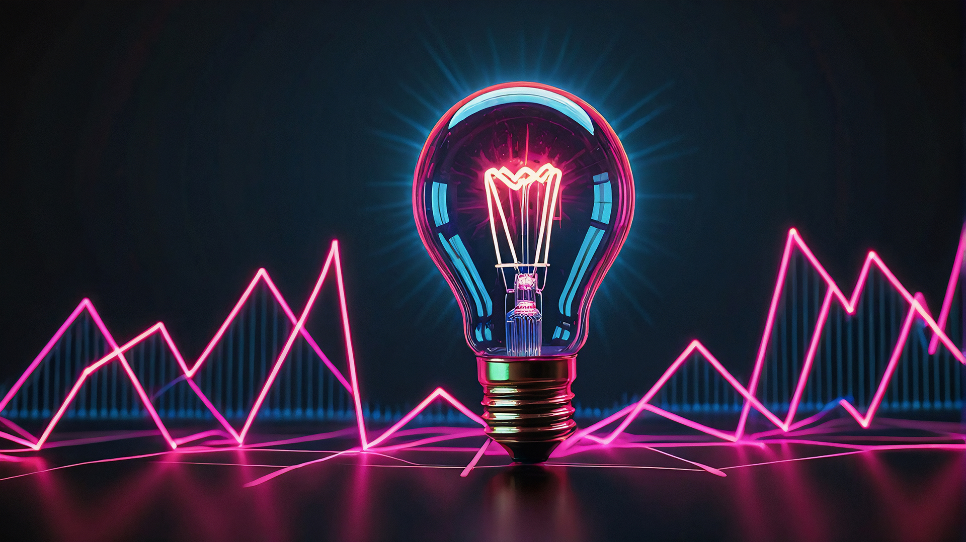 Problems we solve in commercial property  -  Electrical Maintenance; Abstract Graphic with a light bulb and electrical lightning lines in different colours; Electrical Maintenance in Commercial Building and Strata Property for Sydney and Melbourne