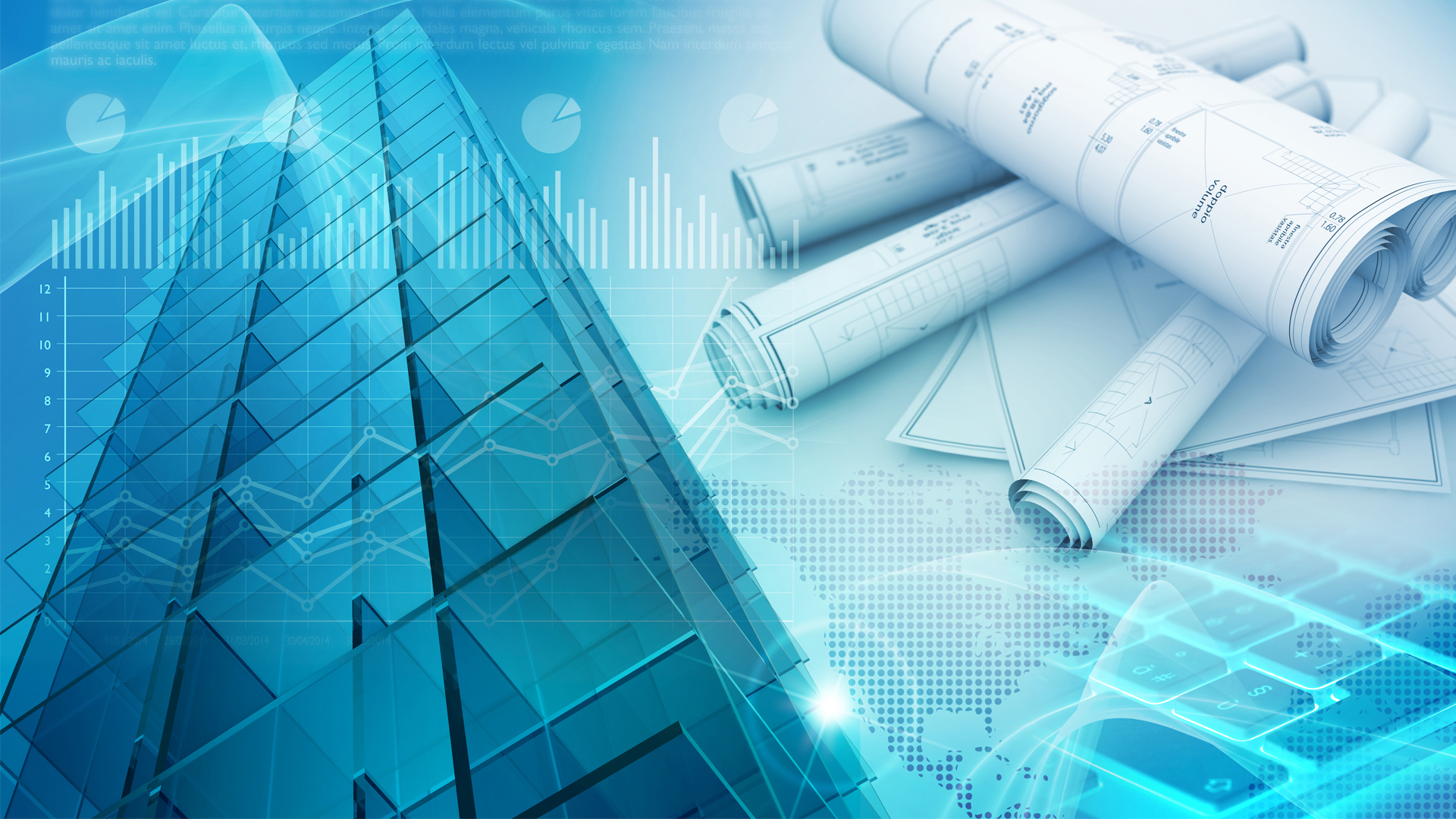 Integrated facility services stylized picture with computer commercial property and buildings withe assets and drawings Sydney