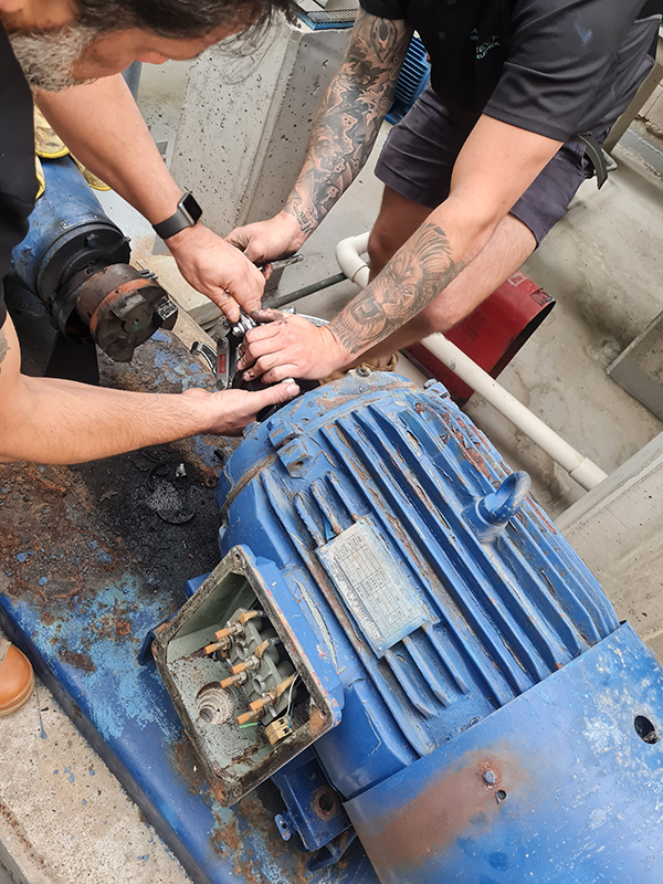 Commercial Building Maintenance - Performance Facility Management Technician working on a condenser water pump replacement in Sydney for our Facility Services client