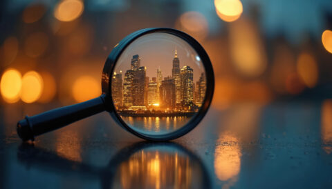 Building Performance - Property services audits - abstract photos of a magnifying glass over a city building's commercial property in Sydney and Melbourne. For technical due diligence, for asset registers, for property sales;