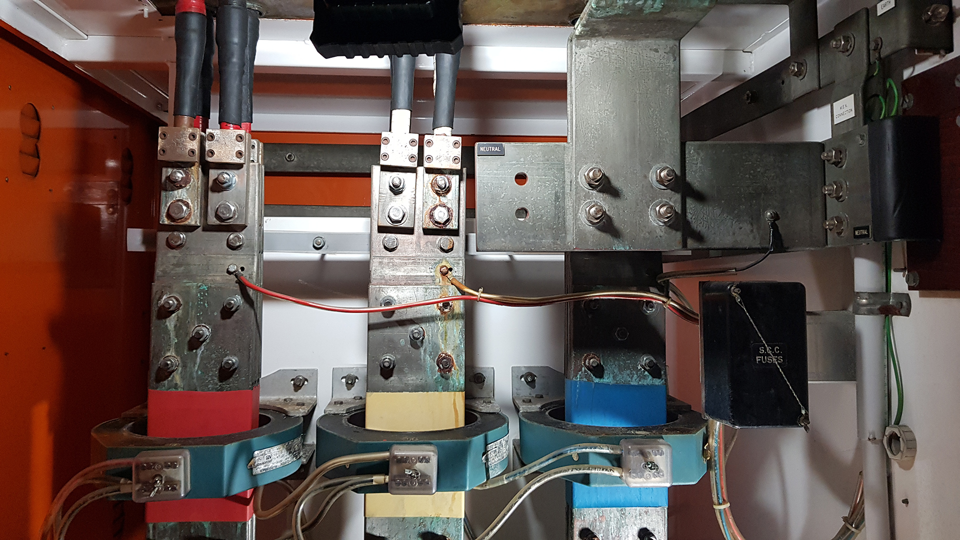 electrical services - main Switchboard in need of urgent repairs and or upgrade as we can see water egress on the bus bars and rust on the bolts that hold the Bus bars together. Sydney CBD Car park, New South Wales