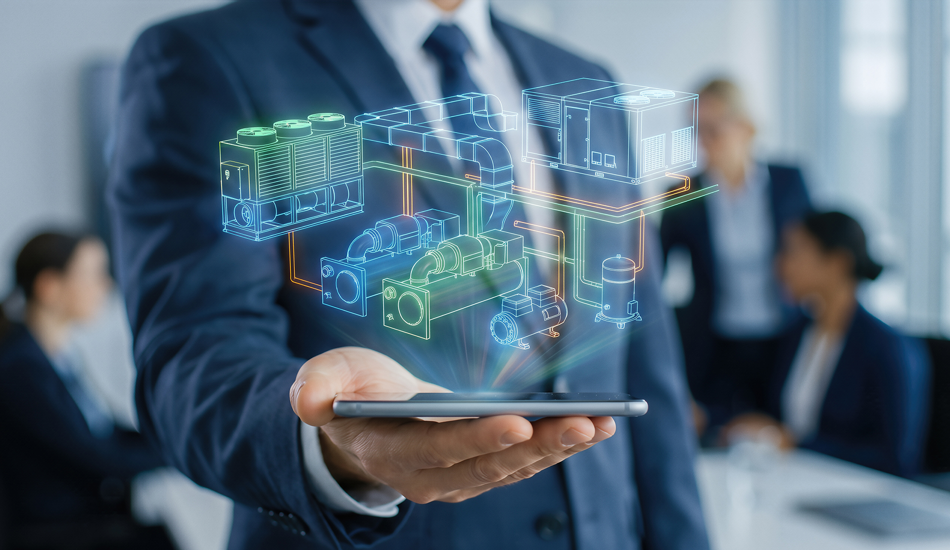 A conceptual image representing commercial building fixed assets, featuring a business executive holding a holographic projection of HVAC equipment in the palm of their hand. The floating digital model includes commercial air conditioning plant, chillers, pumps, air handling units, ductwork, and Building Management System (BMS) controls, symbolising asset lifecycle planning, facility management, and technical oversight. The image conveys modern building operations, predictive maintenance, fixed asset visibility, and strategic capital planning for commercial properties across Sydney, Melbourne, and Canberra.