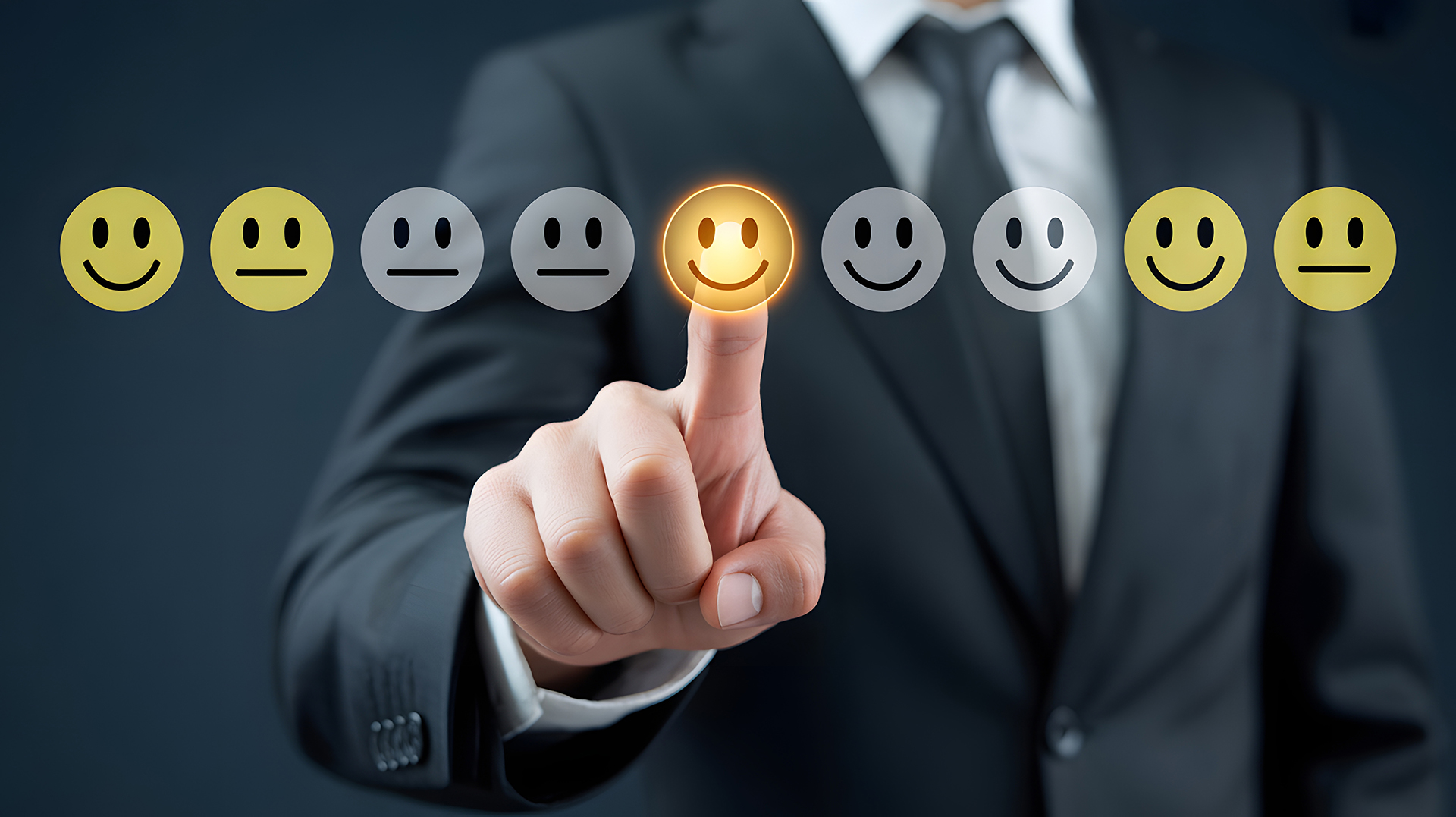 A professional contractor management concept image showing an executive behind a glass interface about to press a customer satisfaction feedback button displaying a range of service rating faces from unhappy to highly satisfied. The image symbolises contractor performance reviews, service quality monitoring, tenant satisfaction, KPI reporting, and accountability within commercial building and facility management environments. Modern corporate styling with a strong focus on contractor evaluation, maintenance service delivery, operational transparency, a