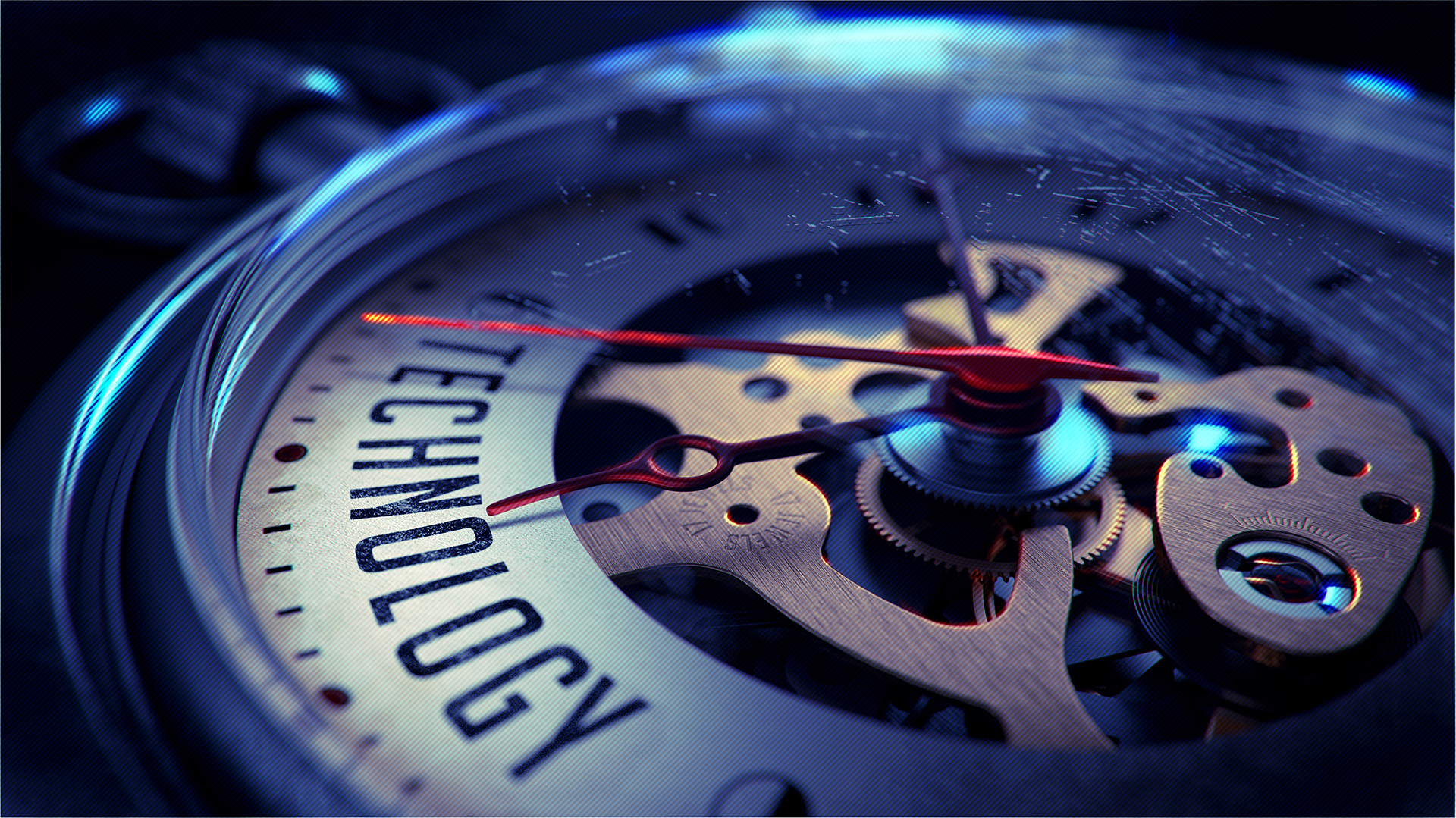 Close-up of a precision mechanical timepiece with visible gears, polished metallic components, glass casing, and the word "Technology", symbolising advanced asset management, building intelligence, and lifecycle planning.