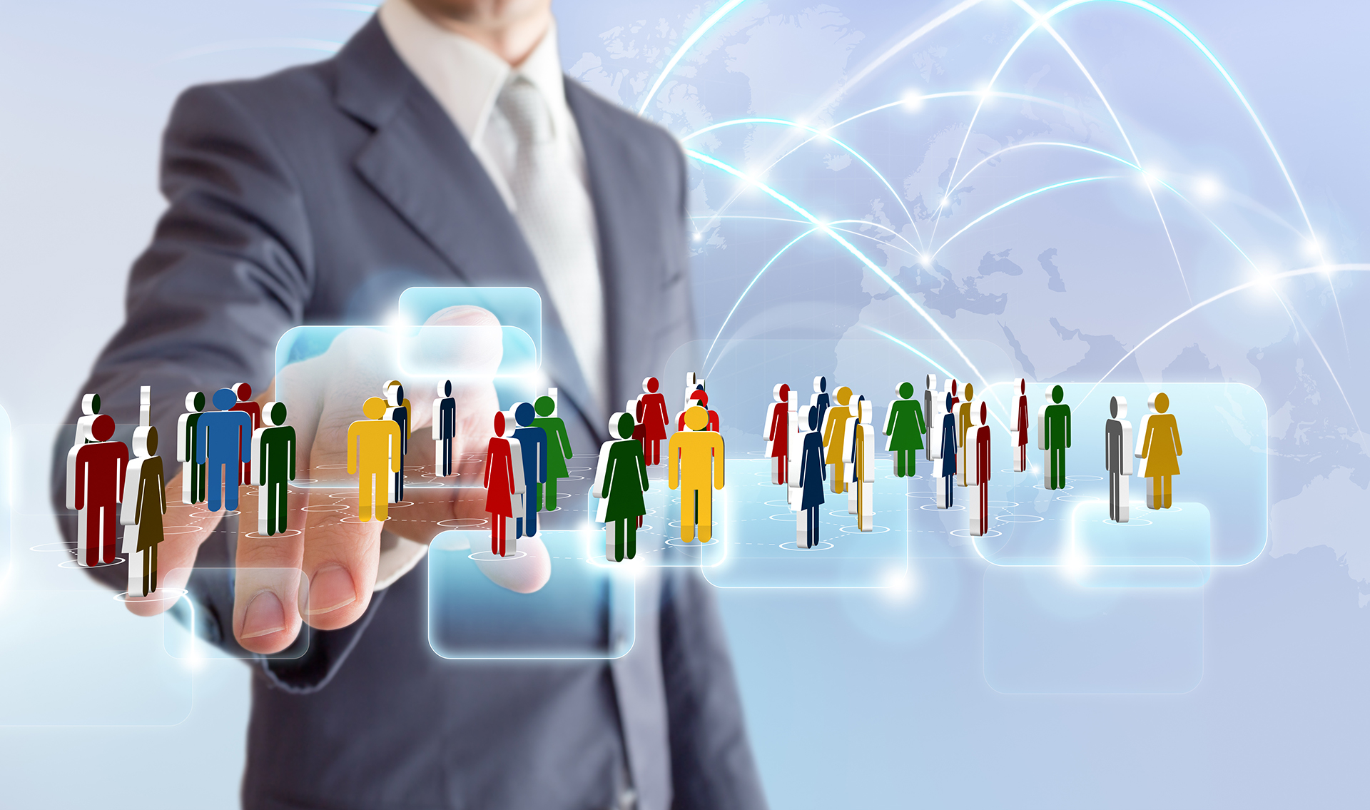 Executive in a business suit pointing towards the viewer while surrounded by floating cardboard cut-out figures representing people, leadership, stakeholder engagement, team management, and business relationships.