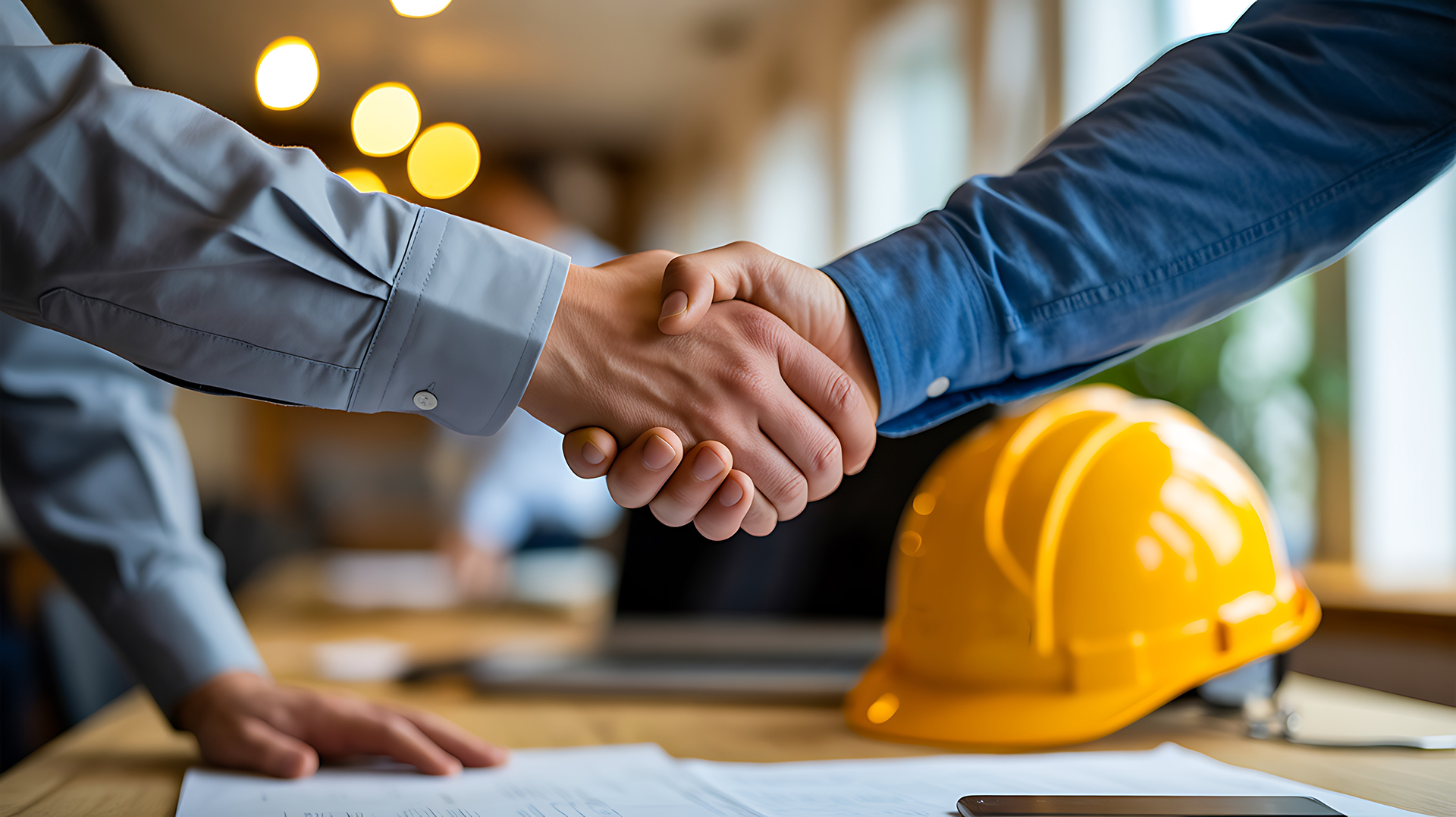 Professional handshake between two businesspeople over a desk with a construction hard hat, symbolising trusted contractors, facility management partnerships, and contractor vetting for commercial buildings.