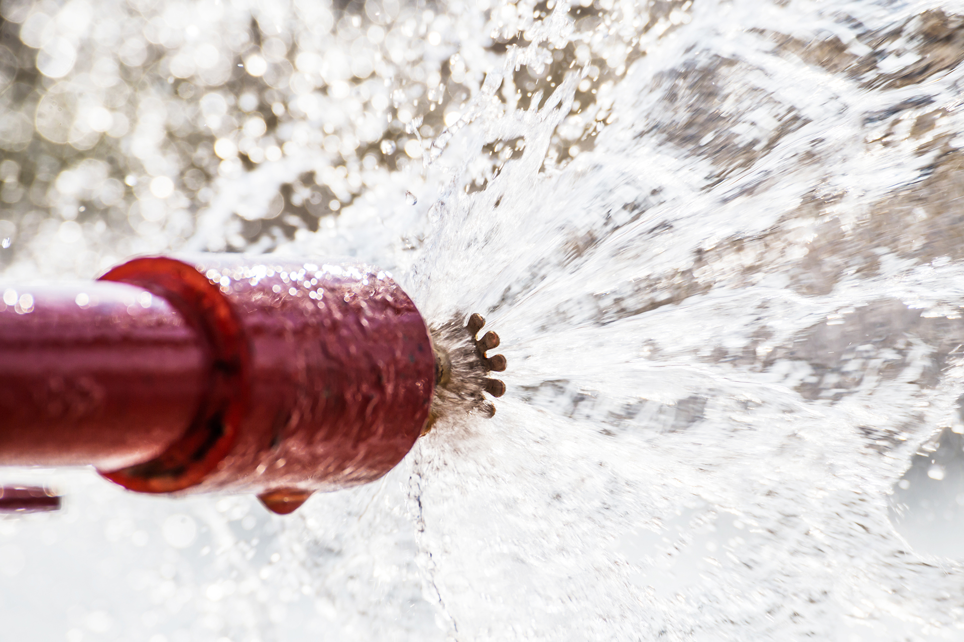 Fire sprinkler head discharging a large volume of water during a fire protection system activation test in a commercial building.