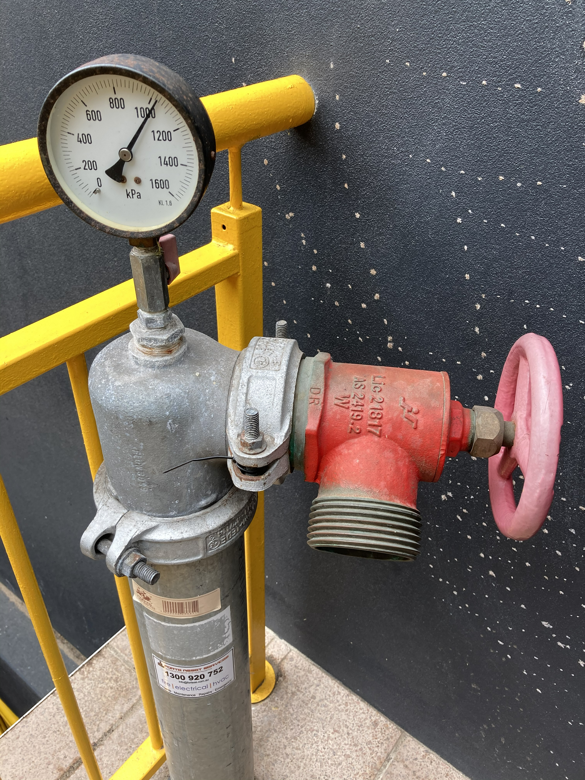 Fire hydrant booster assembly with pressure gauge and landing valve requiring routine compliance inspection and maintenance in a commercial building.