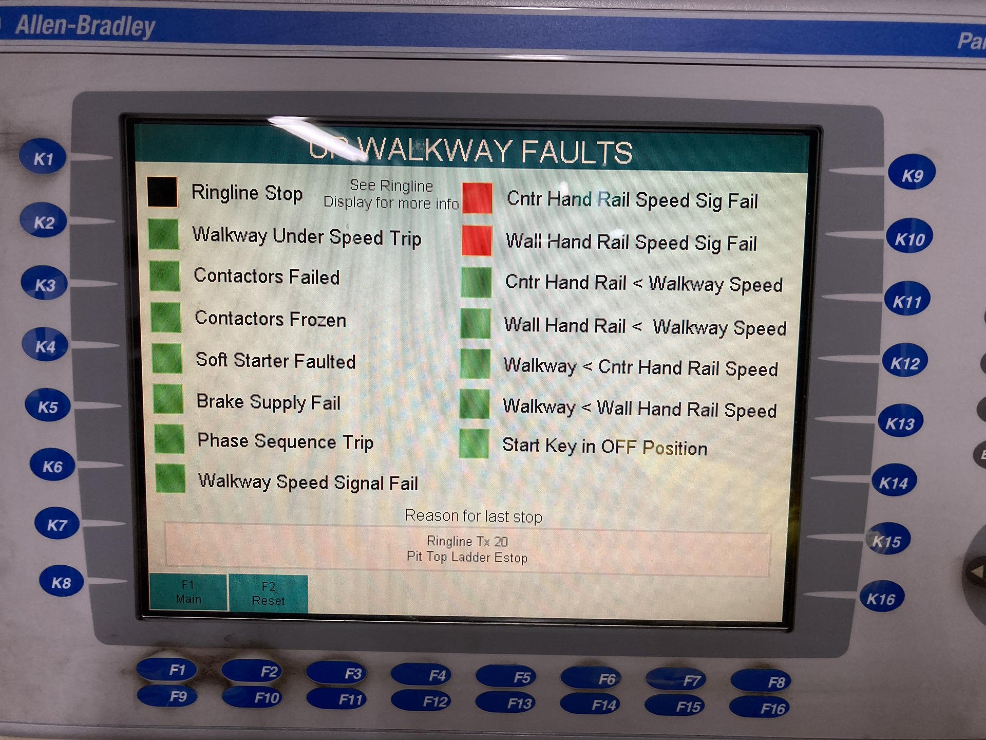 Allen-Bradley PLC touchscreen displaying fault diagnostics for the Domain Travelator in Sydney during maintenance and fault finding.